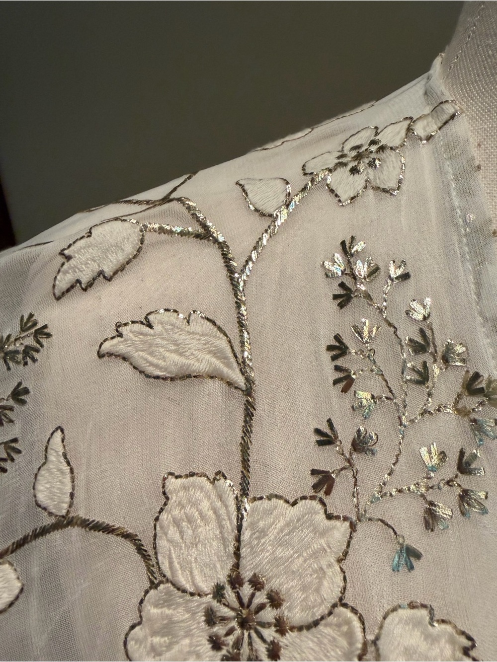 Karen Kane Sheer Floral Embroidered Open-Front Ivory and Gold Topper Jacket - Picture 4 of 11